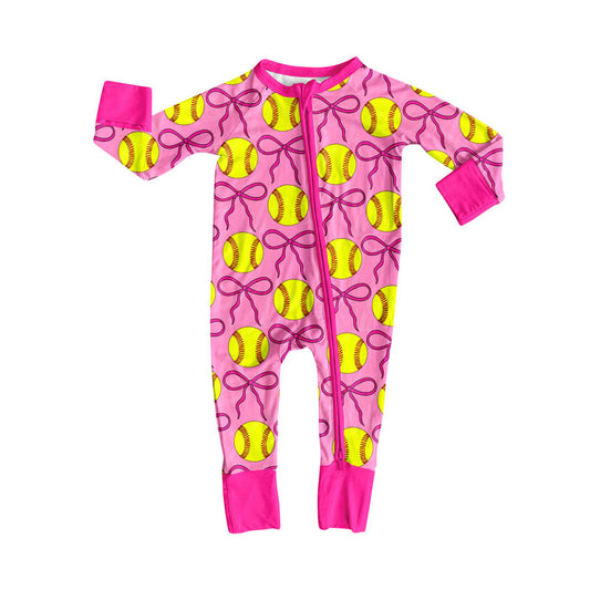 Preorder (moq 8)Baby Girls Hot Pink Bows Baseballs Plaid Team Zipper Footie Rompers
