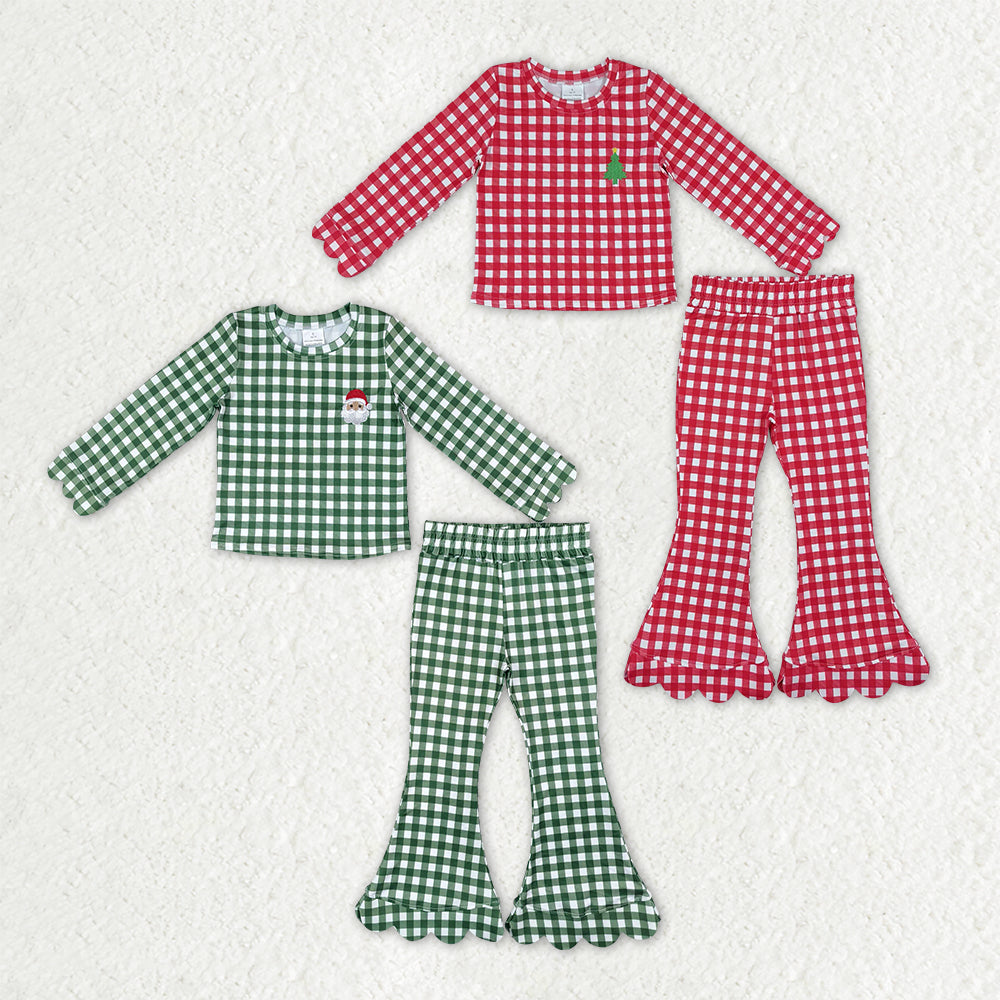 Sibling Baby Girls Embroidery Santa Tree Checked Shirt Scallop Pant Christmas Sets