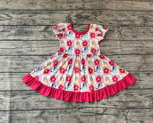 Baby Girls Pink Flowers Dogs Ruffle Knee Length Dresses