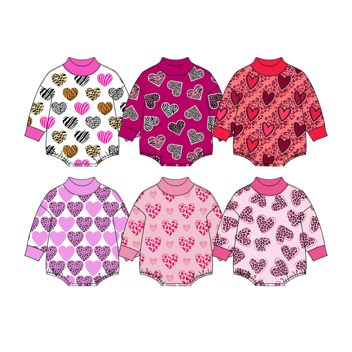 Preorder (moq 5) Baby Girl Clothes Valentine Pink Outline Leopard Heart Print Long Sleeve Turtleneck Romper