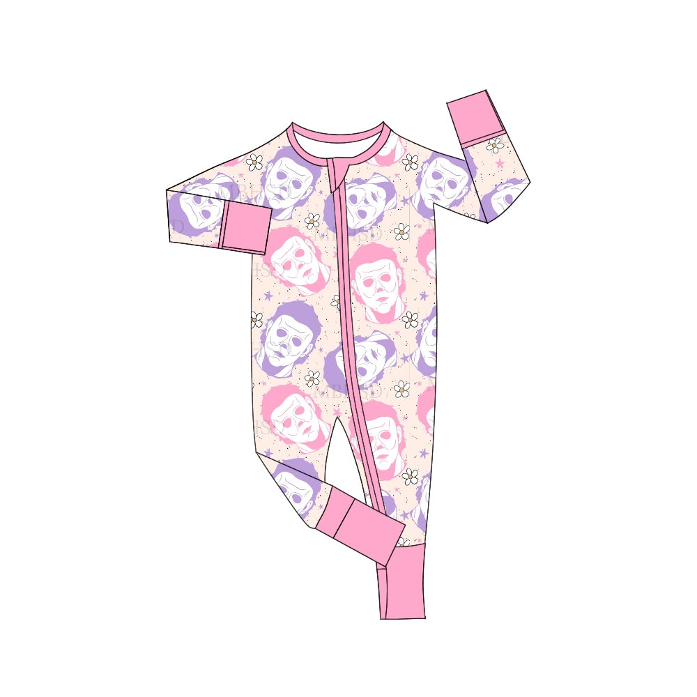 Baby Infant Girls Pink Halloween Ghost Long Sleeve Zip Rompers preorder(moq 5)