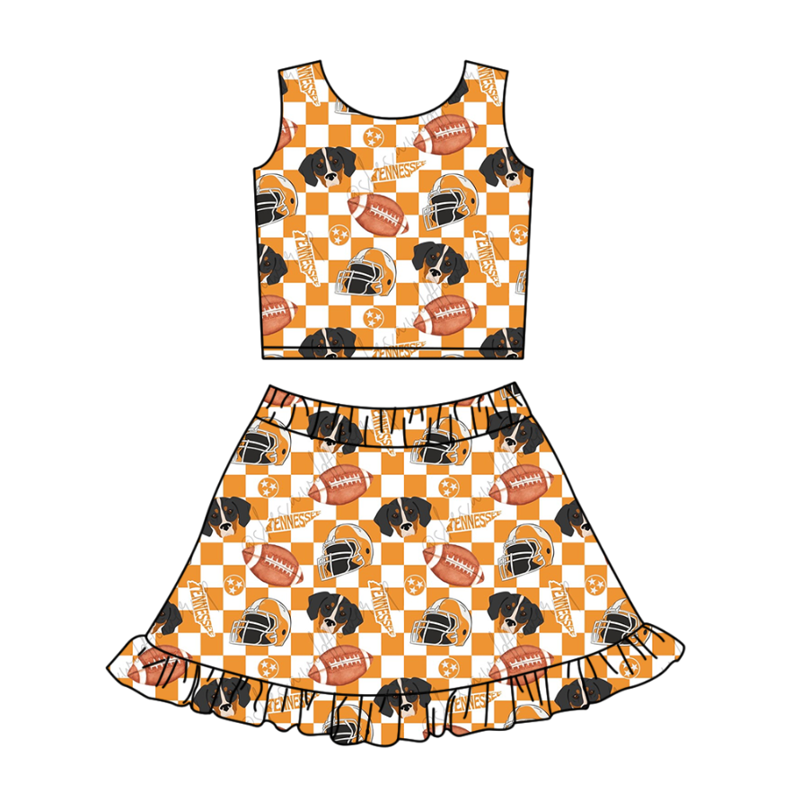 Preorder (moq 5)Baby Girls Orange Checked Football Dogs Vests Ruffle Skirt Shorts Team Clothes Set