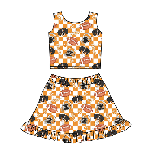 Preorder (moq 5)Baby Girls Orange Checked Football Dogs Vests Ruffle Skirt Shorts Team Clothes Set