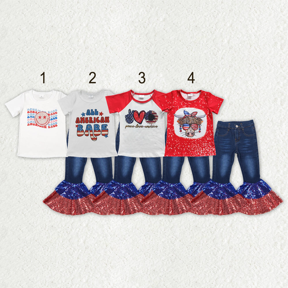 Sibling Baby Girls America Babe Smile Top Denim Bell Bottom Pant 4th of July Clothes Sets