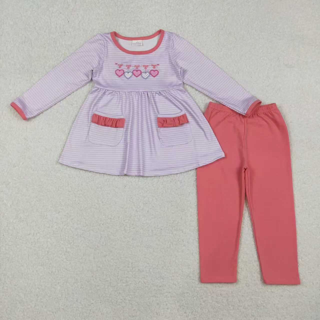 Sibling Baby Girls Embroidery Bows Hearts Stripe Leggings Valentines Clothes Sets Rompers