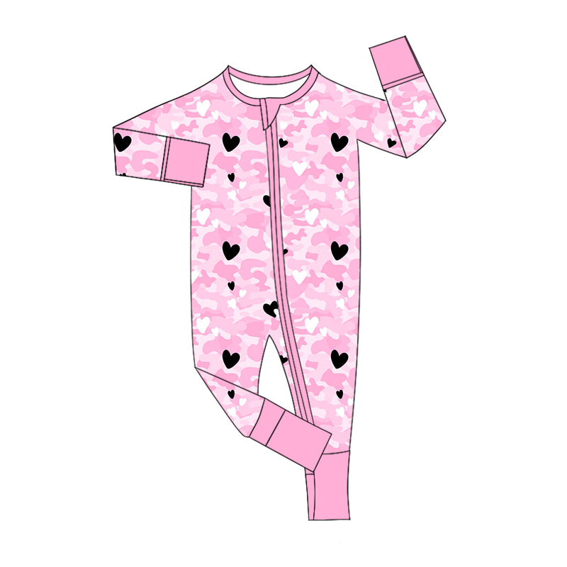 Baby Infant Girls Pink Camo Hearts Zip Rompers preorder(moq 5)