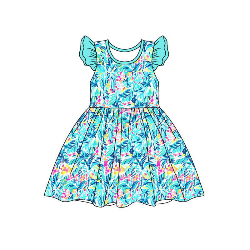 Preorder (moq 5)Baby Girls Blue Tree Leaves Pearl Knee Length Dresses