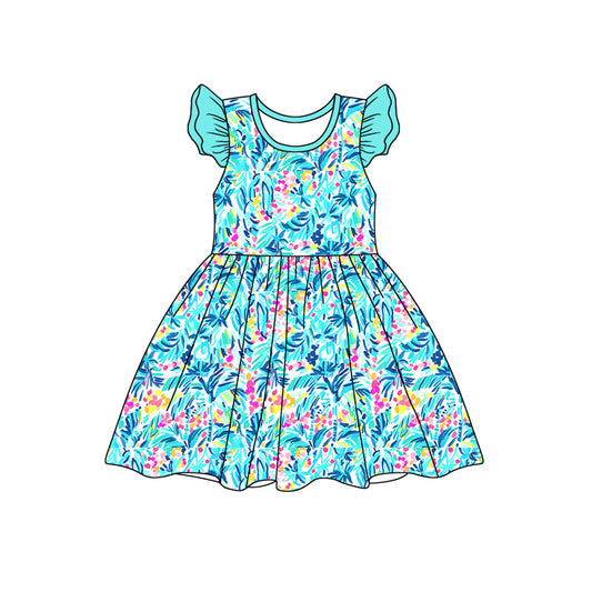 Preorder (moq 5)Baby Girls Blue Tree Leaves Pearl Knee Length Dresses