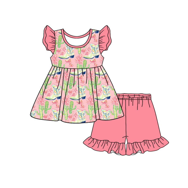 Preorder (moq 5)Baby Girls Western Boots Cactus Tunic Top Ruffle Shorts Clothes Sets