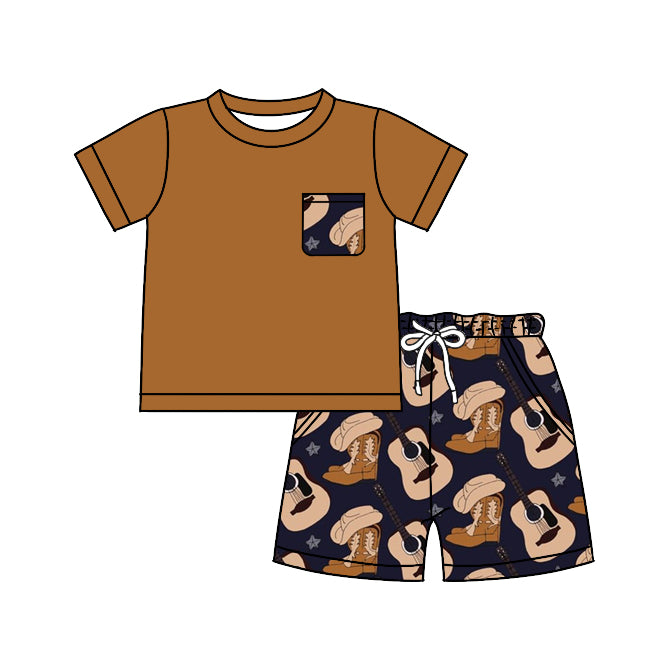 Baby Boys Brown Short Sleeve Top Guitar Shorts Clothes Sets preorder(moq 5)