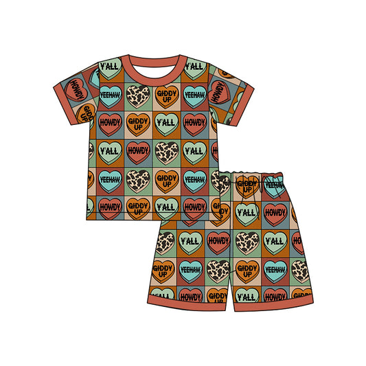 Baby Kids Western Howdy Heart Shirt Shorts Pajamas Clothes Sets preorder(moq 5)