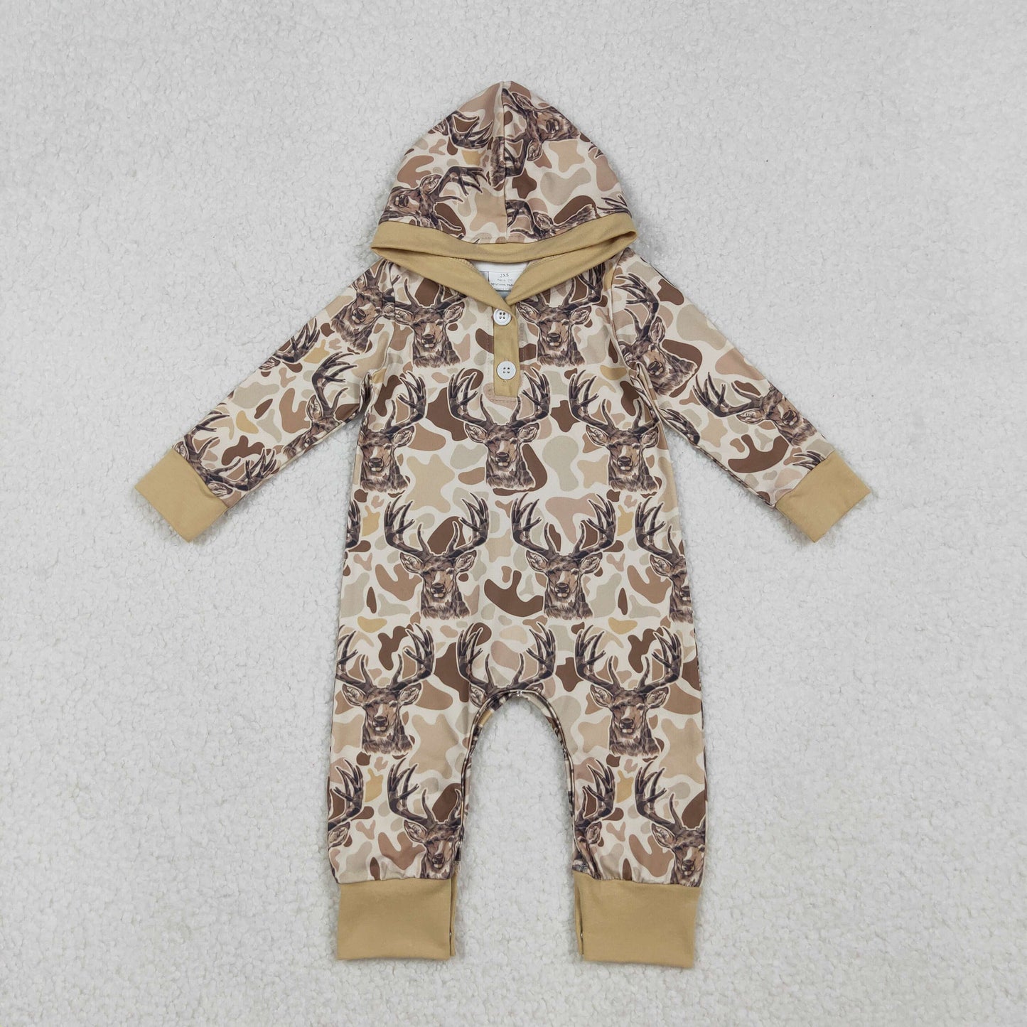 Baby Boys Khaki Camo Deer Button Hoodie Hunting Rompers