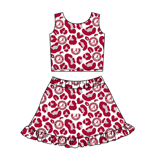 Preorder (moq 5)Baby Girls Red Leopard A Vests Ruffle Skirt Shorts Team Clothes Set