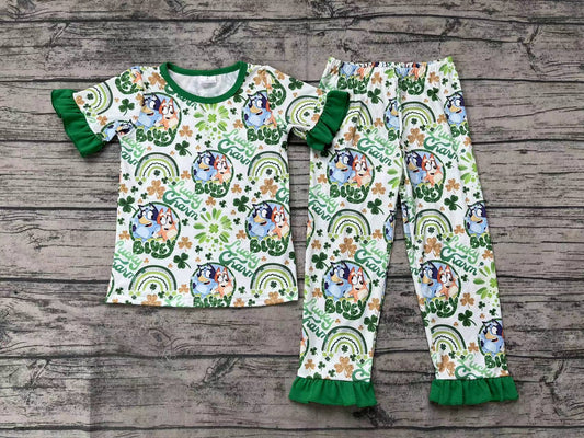 Baby Girls Lucky Charm Dogs Short Sleeve Top Ruffle Pants St Patrick Day Clothes Sets
