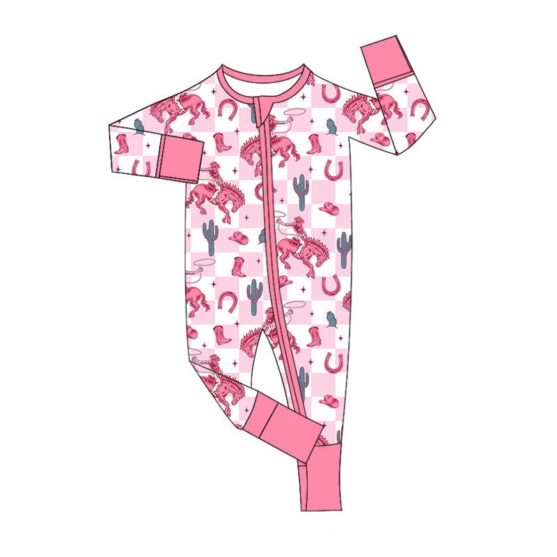 Baby Infant Girls Pink Western Rodeo Cactus Zip Rompers preorder(moq 5)