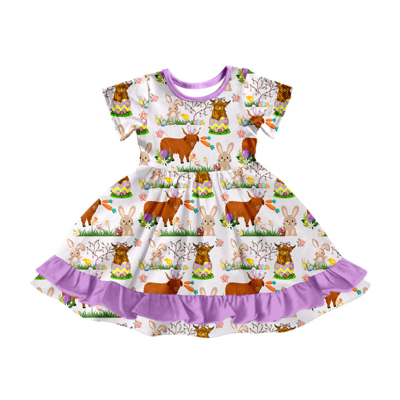 Baby Girls Easter Highland Cow Ruffle Knee Length Dresses preorder(MOQ 5)