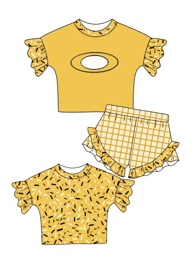 Preorder (moq 5)Baby Girls Gold Back Sprinkles O Top Checked Ruffle Shorts Team Clothes Set
