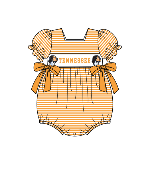 Preorder (moq 5)Baby Girls Short Sleeve Orange Stripe Tennessee Team Ruffle Rompers
