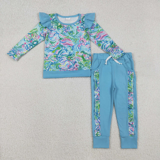 Baby Girls Blue Watercolor Floral Top Pockets Ruffle Jogger Pants Clothes Sets
