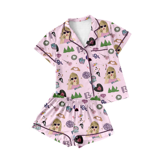 Baby Girls Pink Singer Buttons Top Shorts Pajamas Clothes Sets preorder(MOQ 5)