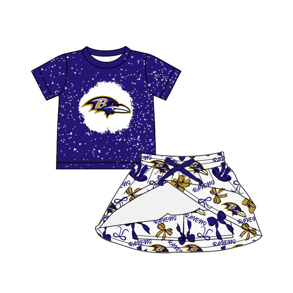 Preorder (moq 5)Baby Girls Hot Blue Ravens Top Bows Skorts Team Set
