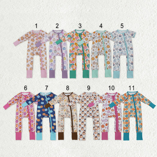 Sibling Baby Kids Colorful Flowers Pumpkins Fall Two Way Zip Convertible Rompers