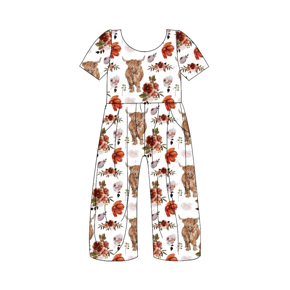 Baby Girls Highland Cows Flowers Short Sleeve Pants Jumpsuits Preorder(moq 5)