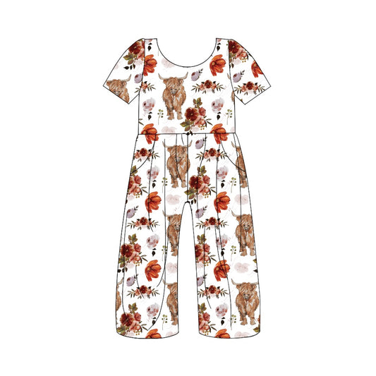 Baby Girls Highland Cows Flowers Short Sleeve Pants Jumpsuits Preorder(moq 5)