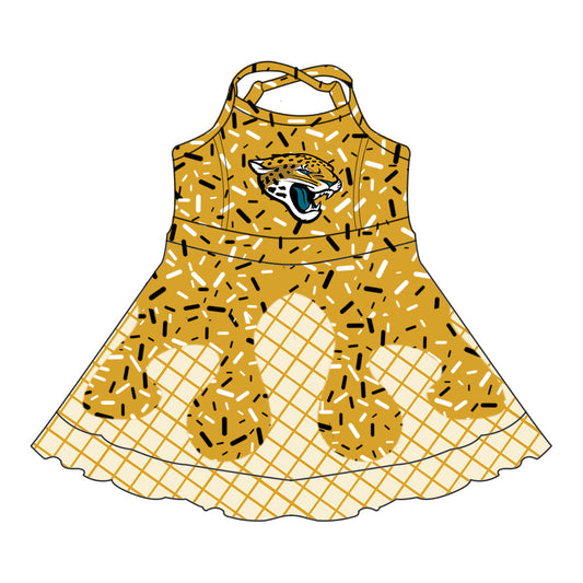 Preorder (moq 5)Baby Girls Jaguars Gold Drip Sprinkles Team Shorts Ruffle Knee Length Dress