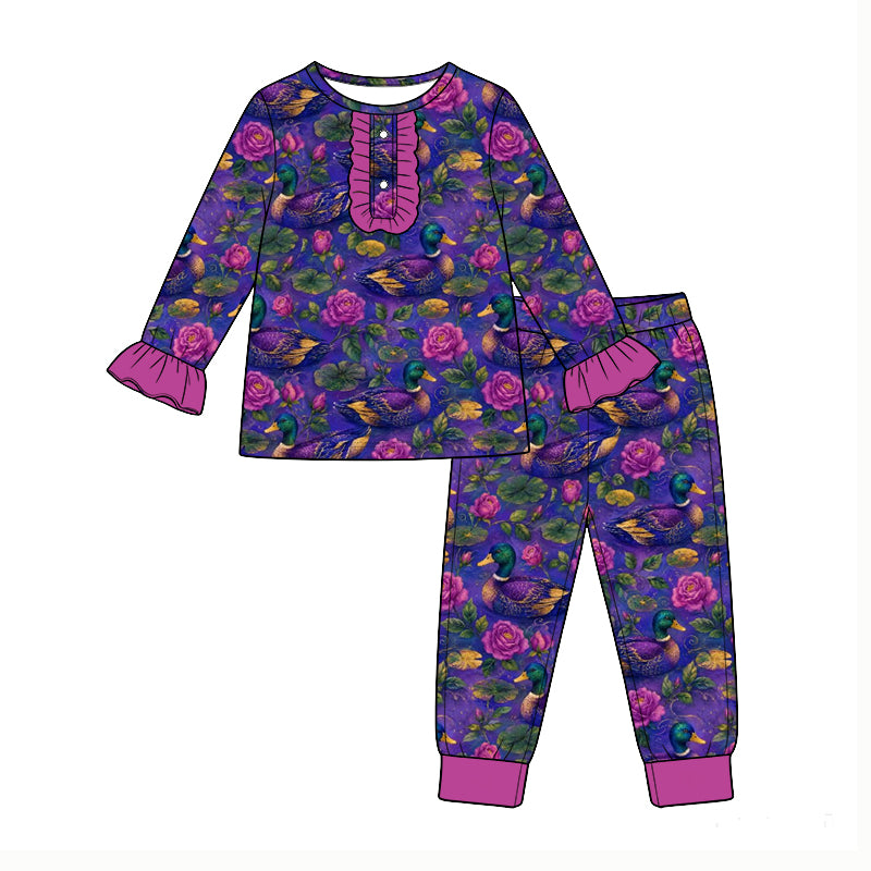 Preorder (moq 5) Baby Girl Purple Duck Rose Floral Print Long Sleeve Ruffle Henley Top Cuff Pant Pajama Set