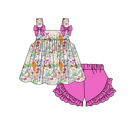 Preorder moq 5 Baby Girls Strap Colorful Flowers Cats Tunic Ruffle Shorts Clothes Set