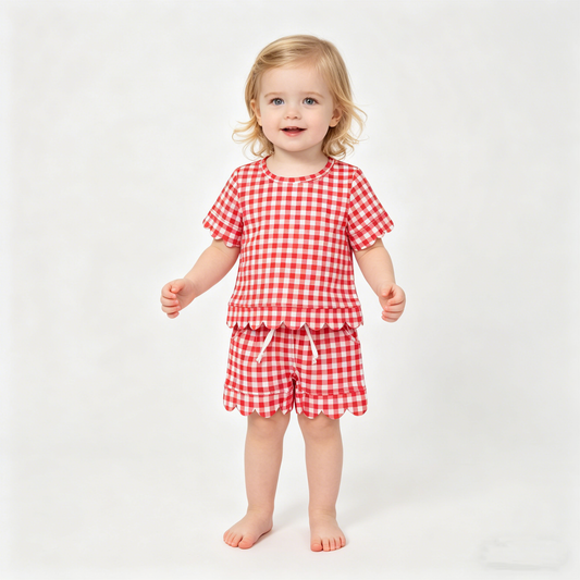 Baby Girls Red Checked Shirts Top Pockets Short Scallop Clothes Set