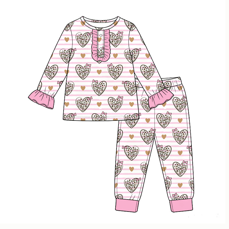 Preorder (moq 5) Baby Girl Clothes Striped Leopard Heart Bow Print Long Sleeve Ruffle Cuff Pant Set
