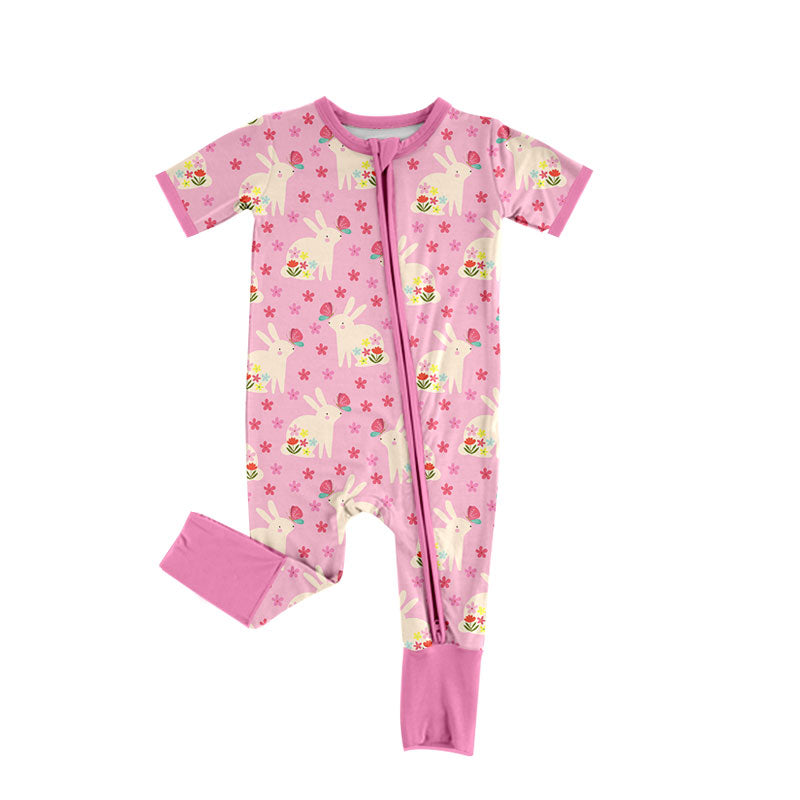 Preorder (moq 5) Baby Girl Clothes Pink Floral Bunny Allover Print Short Sleeve Zip Romper Jumpsuit