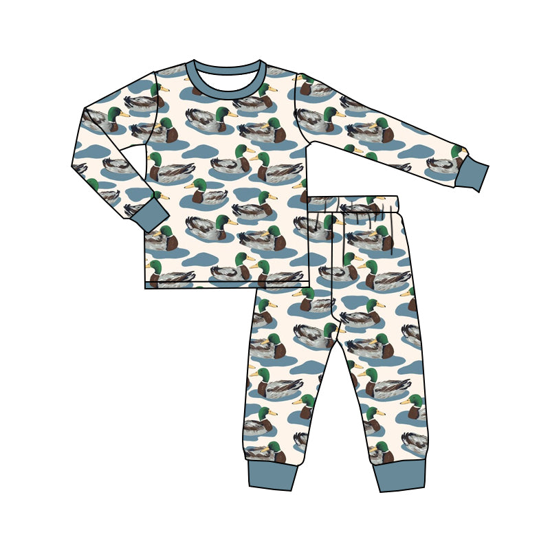 Preorder (moq 5)Baby Boys Long Sleeve Lakes Ducks Top Pant Hunting Pajamas Sets