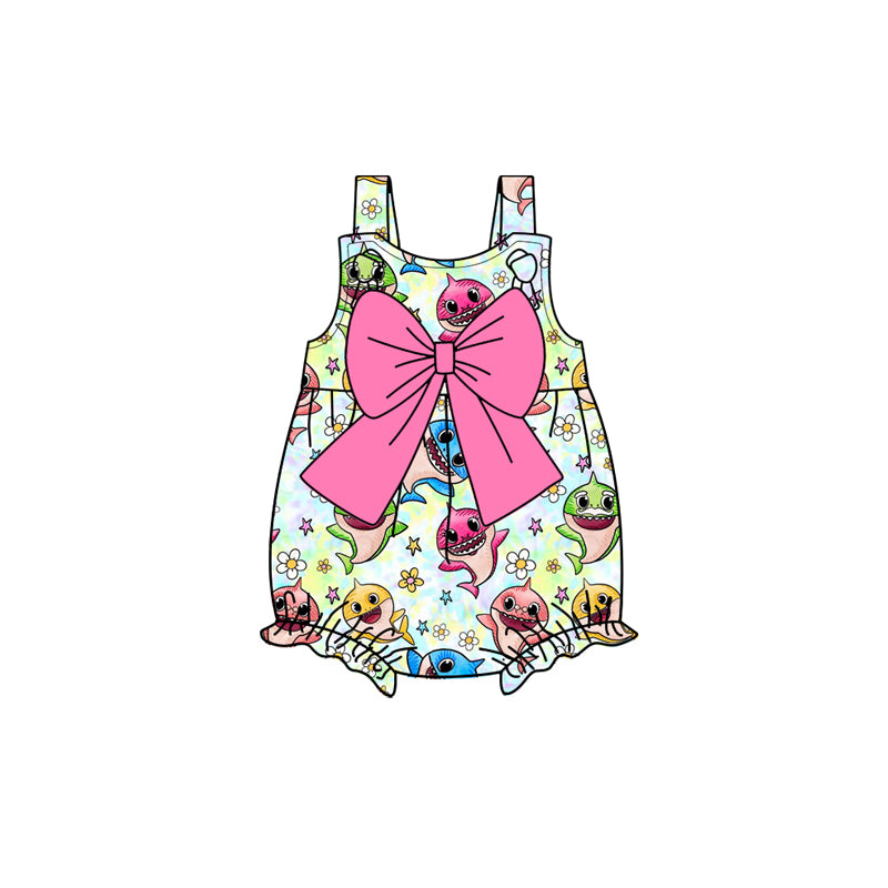 Preorder(moq 5)Baby Infant Girls Strap Cartoon Sharks Flowers Pink Bow Top Rompers