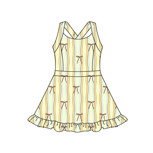 Preorder(moq 5) Baby Girls Yellow Stripe Bows Ruffle Shorts Knee Length Dresses