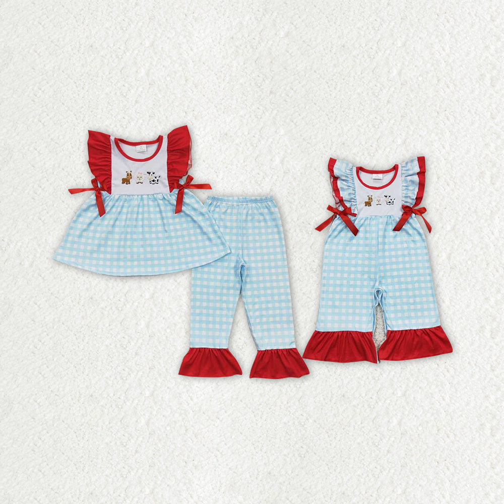 Sibling Baby Girls Cow Animal Farm Plaid Rompers Outfits Suits