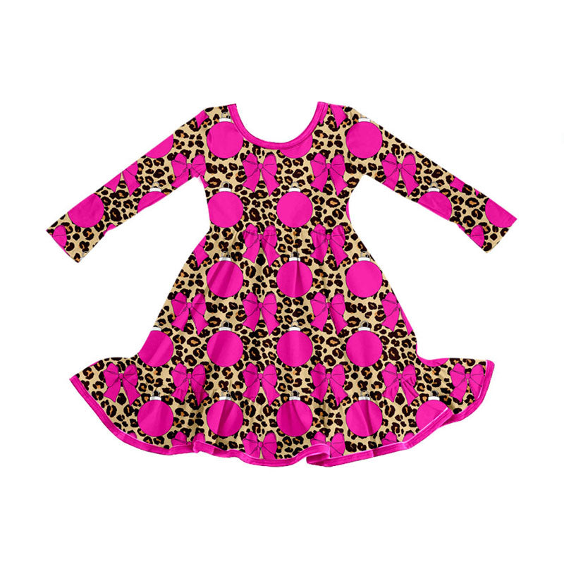 Preorder (moq 5)Baby Girls Hot Pink Leopard Bows Ruffle Knee Length Dresses