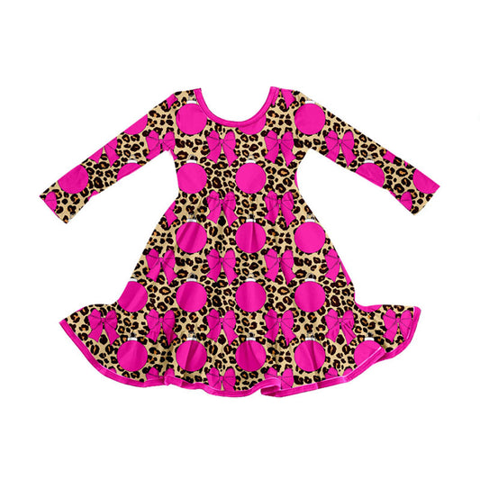 Preorder (moq 5)Baby Girls Hot Pink Leopard Bows Ruffle Knee Length Dresses
