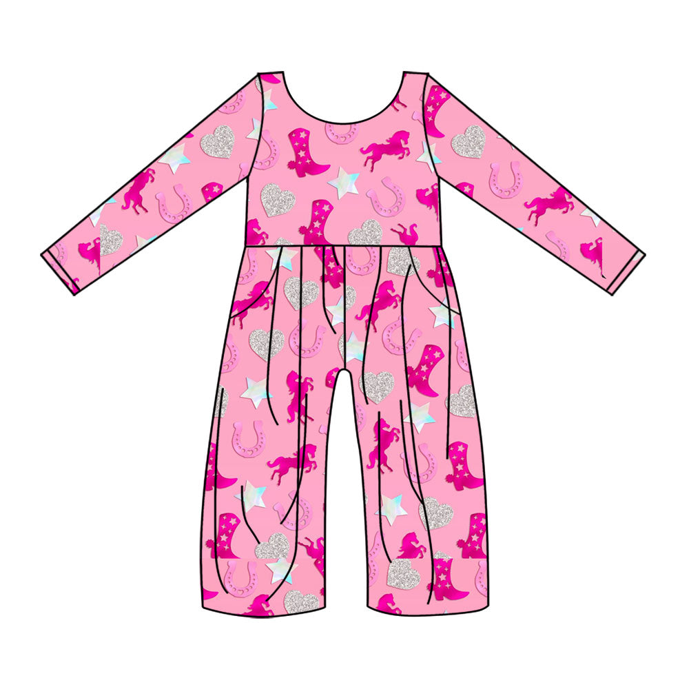 Preorder(moq 8)Baby Girls Pink Stars Boots Hearts Western Pockets Pant Jumpsuits