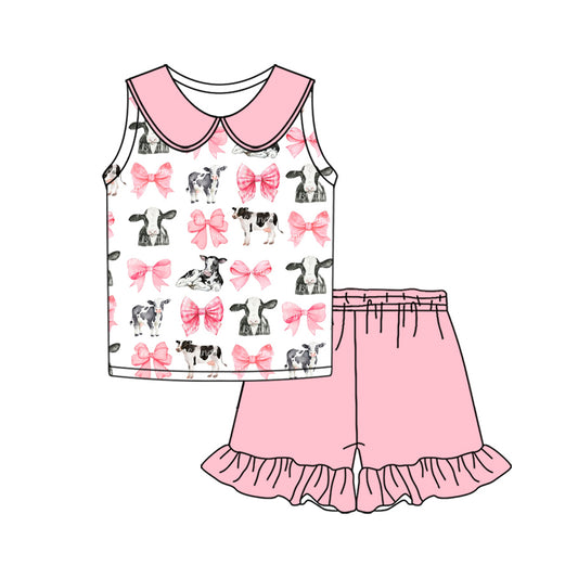 Preorder (moq 5)Baby Girls Pink Bows Cows Shirt Ruffle Shorts Clothes Sets