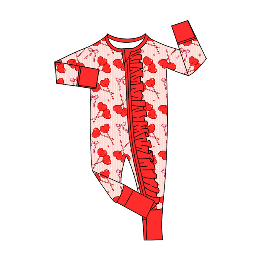 Preorder(moq5) Baby Girls’ Red Heart & Bow Print Crew Neck Long-Sleeve Ruffle Zipper Romper