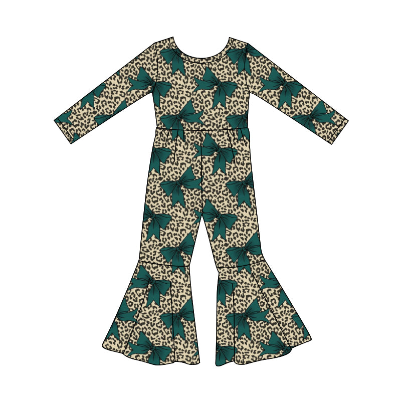 Preorder (moq 5)Baby Girls Long Sleeve Green Leopard Bows Bell Bottom Jumpsuits
