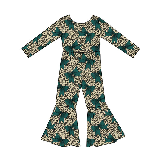 Preorder (moq 5)Baby Girls Long Sleeve Green Leopard Bows Bell Bottom Jumpsuits