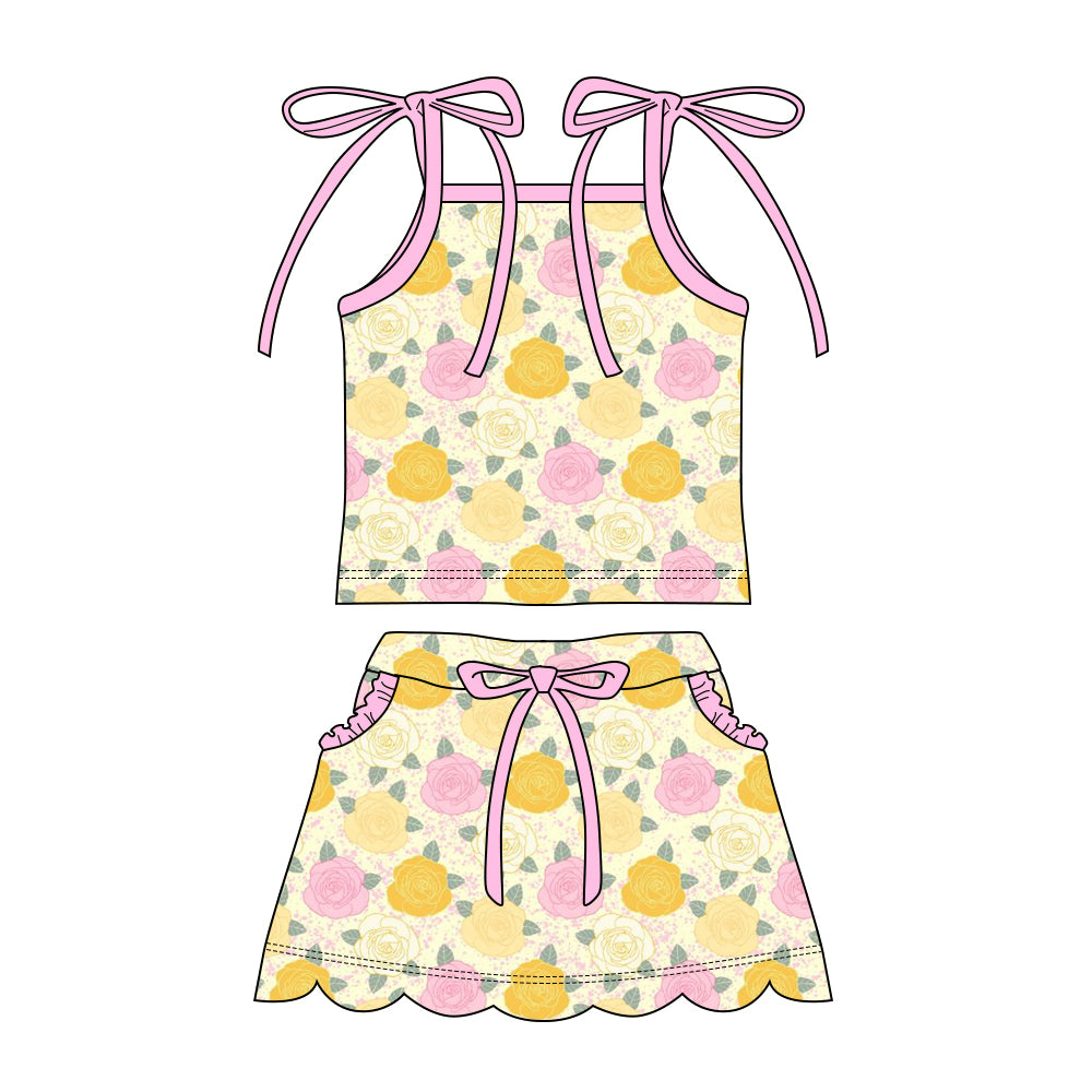 Preorder moq 5 Baby Girls Strap Colorful Floral Top Pockets Scallop Skirt Short Clothes Sets
