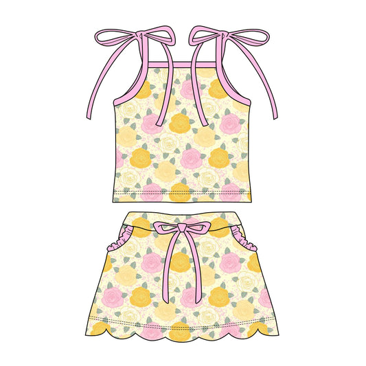 Preorder moq 5 Baby Girls Strap Colorful Floral Top Pockets Scallop Skirt Short Clothes Sets