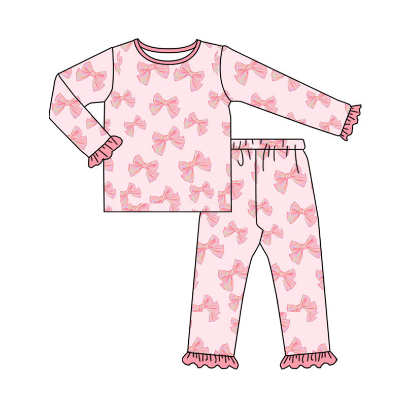Preorder(moq 8)Baby Girls Long Sleeve Peach Bows Top Ruffle Pants Pajamas Sets