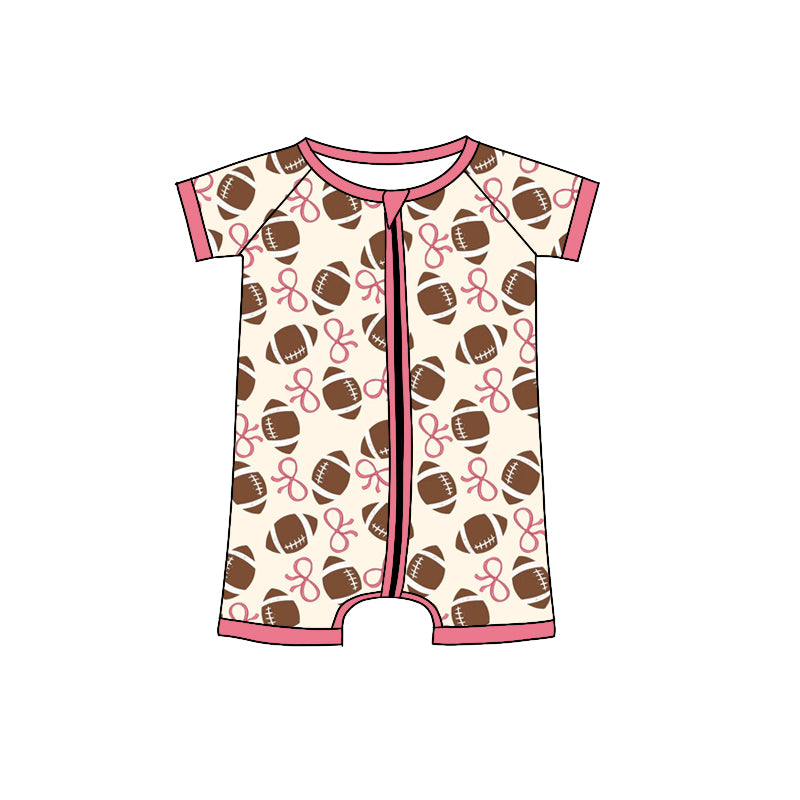 Preorder (moq 5)Baby Girls Pink Bows Footballs Plaid Team Zipper Shorts Rompers
