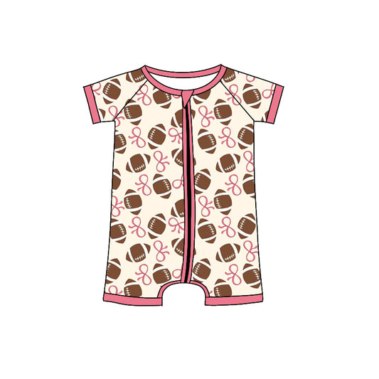 Preorder (moq 5)Baby Girls Pink Bows Footballs Plaid Team Zipper Shorts Rompers